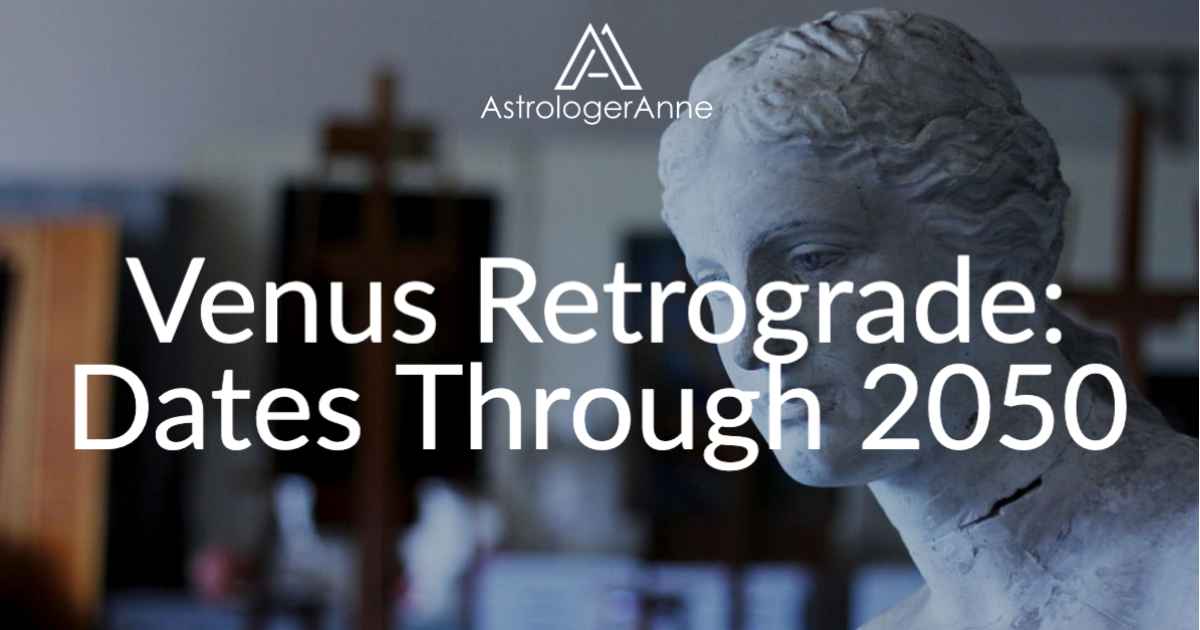 Venus statue with text - Venus retrograde dates through 2050