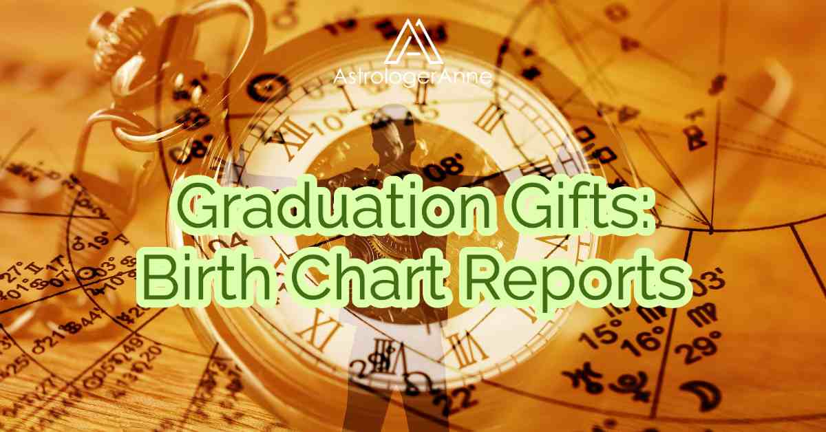 Orange and white graphic with astrology birth chart, pocket watch, and new graduate with arms outstretched - text: Graduation Gifts, Birth Chart Reports