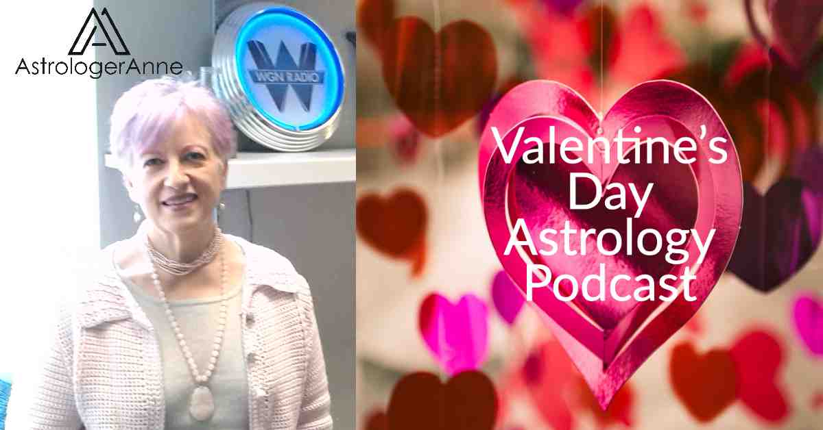 Valentine's Day hearts image and photos of astrologer Anne Nordhaus-Bike for astrology podcast