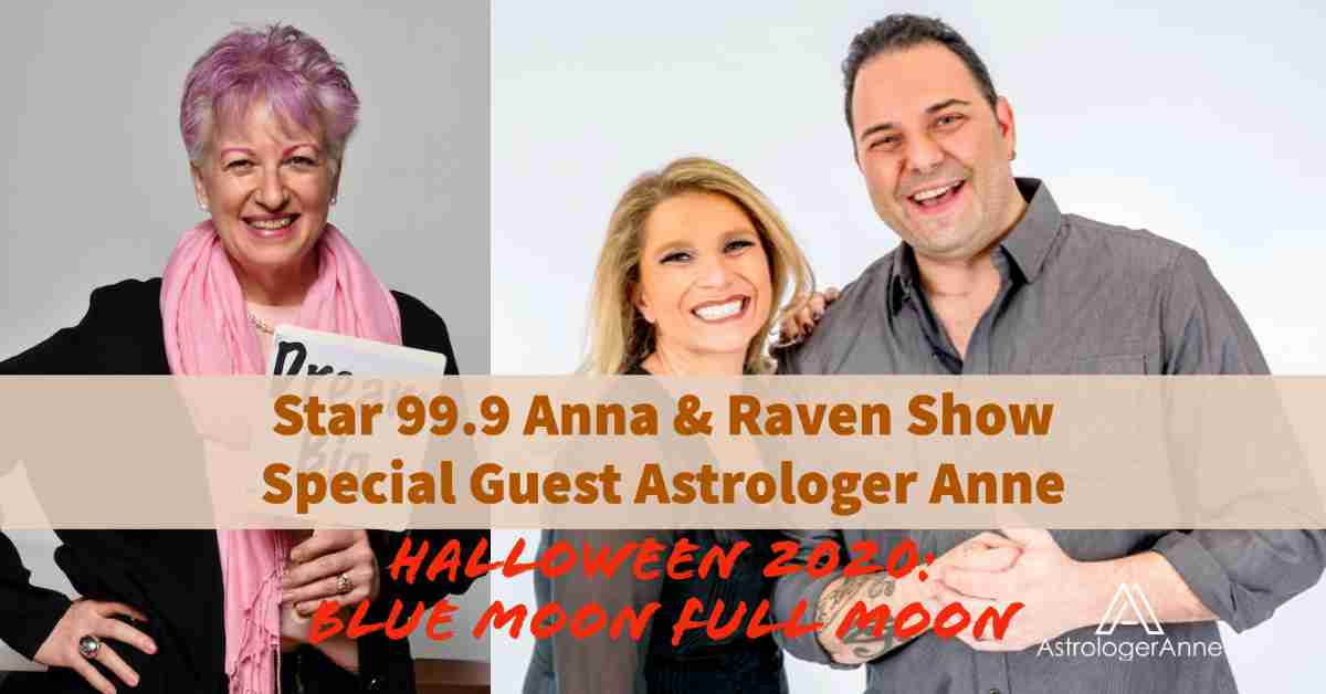 Astrologer Anne Nordhaus-Bike with radio hosts Anna & Raven for Halloween blue Moon full Moon podcast appearance