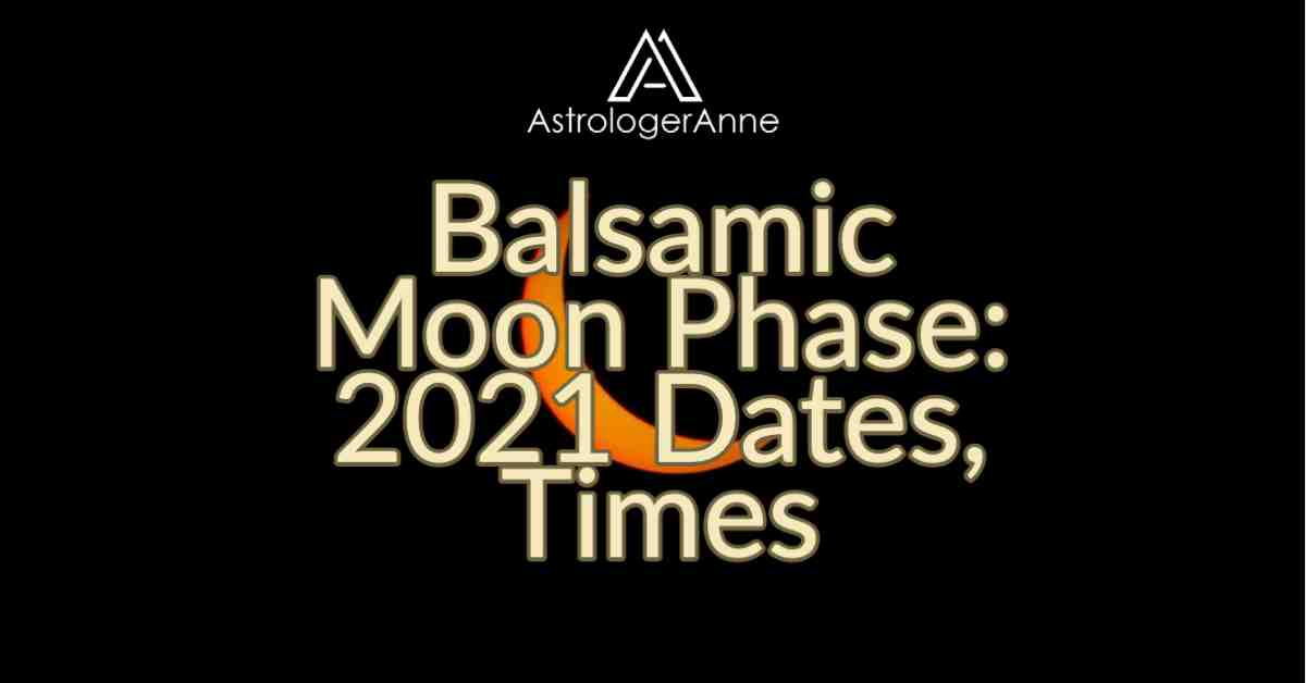 Super dark night sky with slim sliver of balsamic Moon and text: Balsamic Moon Phase: 2021 Dates, Times