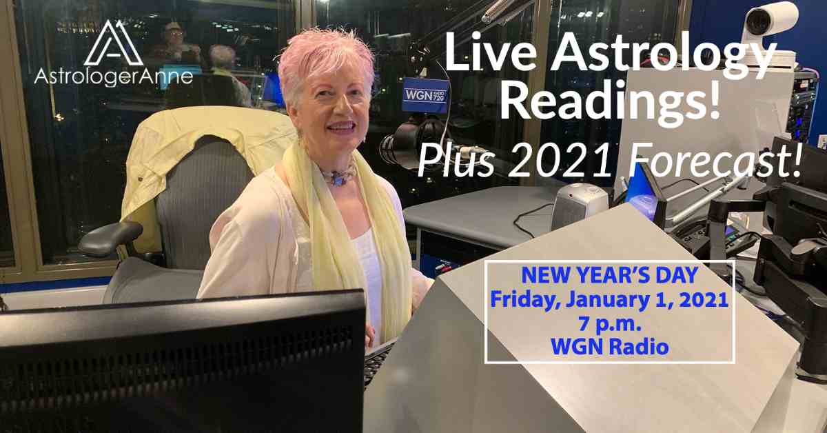 Astrologer Anne - Anne Nordhaus-Bike - at WGN Radio in Chicago, appearing live New Year's Day 2021.