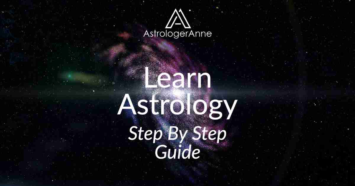 Dark sky with spiral galaxy with text: learn astrology in a step by step guide