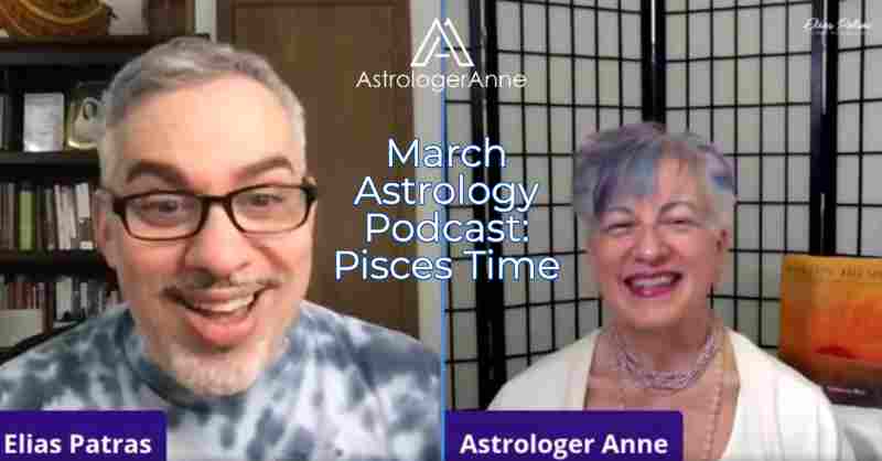 Host Elias Patras with Astrologer Anne Nordhaus-Bike for March astrology show, Pisces guided meditation