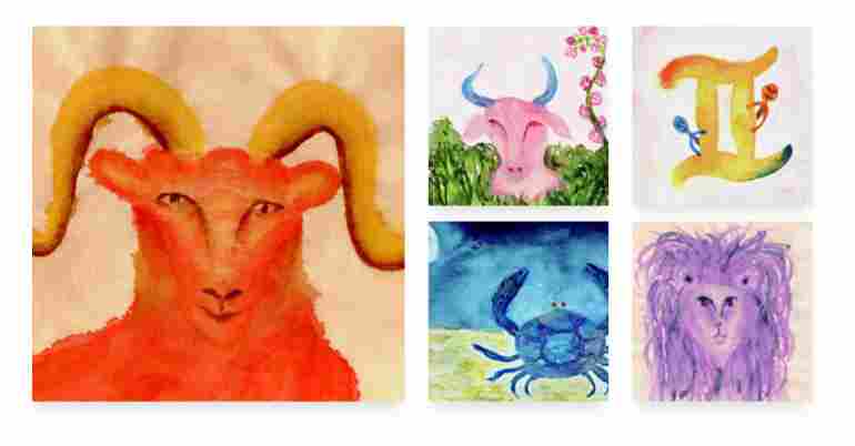 Horoscope signs gifts zodiac images red Aries ram, pink Taurus bull, yellow Gemini twins, blue Cancer crab, purple Leo lion